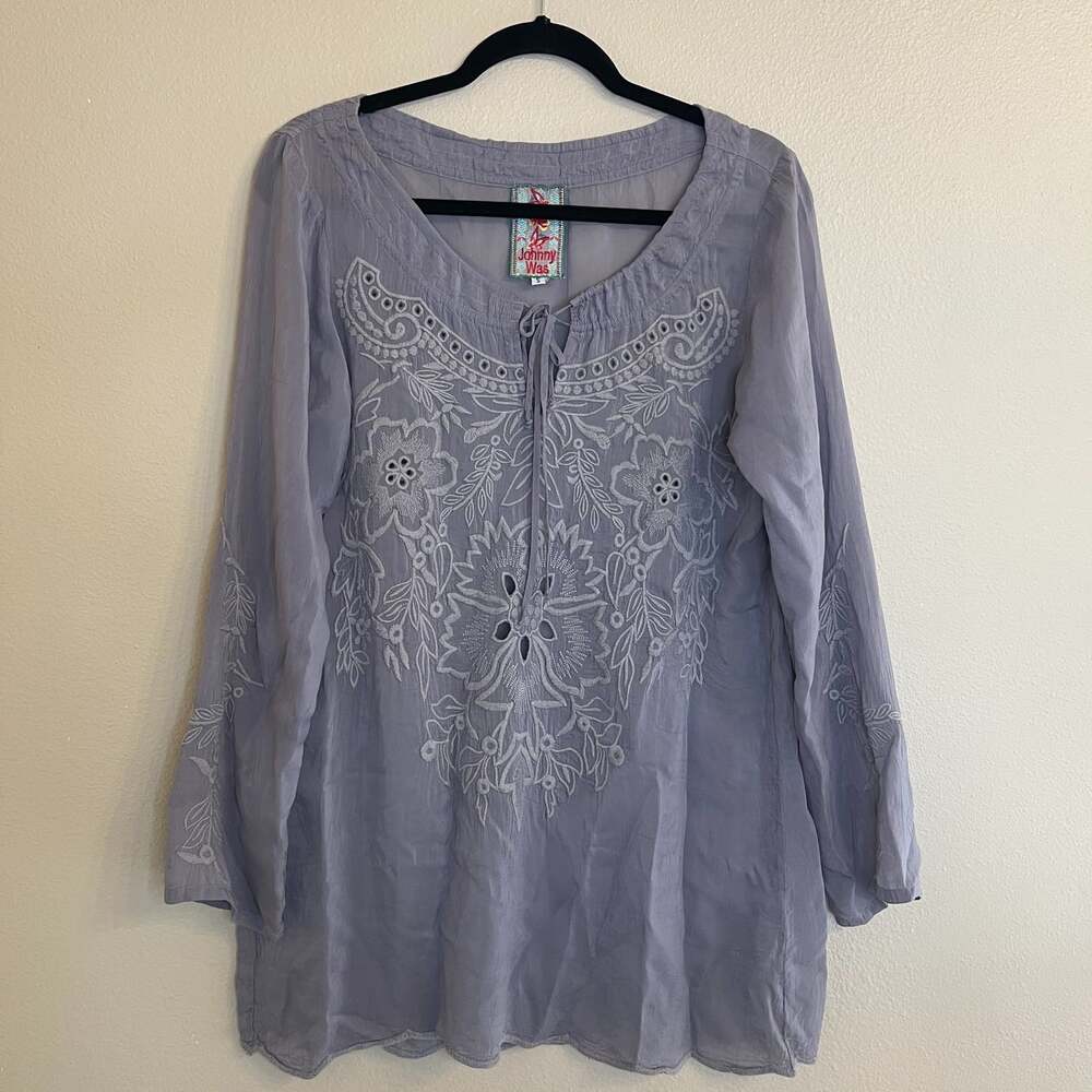Johnny Was Tunic Top Size S Gray Embroidered Floral Boho Long Sleeve Tie Neck